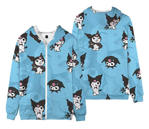 Kuromi Fleece-Lined Zip Hoodie - Girls' Cartoon Style sweater women