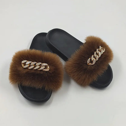 Plush Imitation Fox Fur Flip Flops Fashion Slippers women