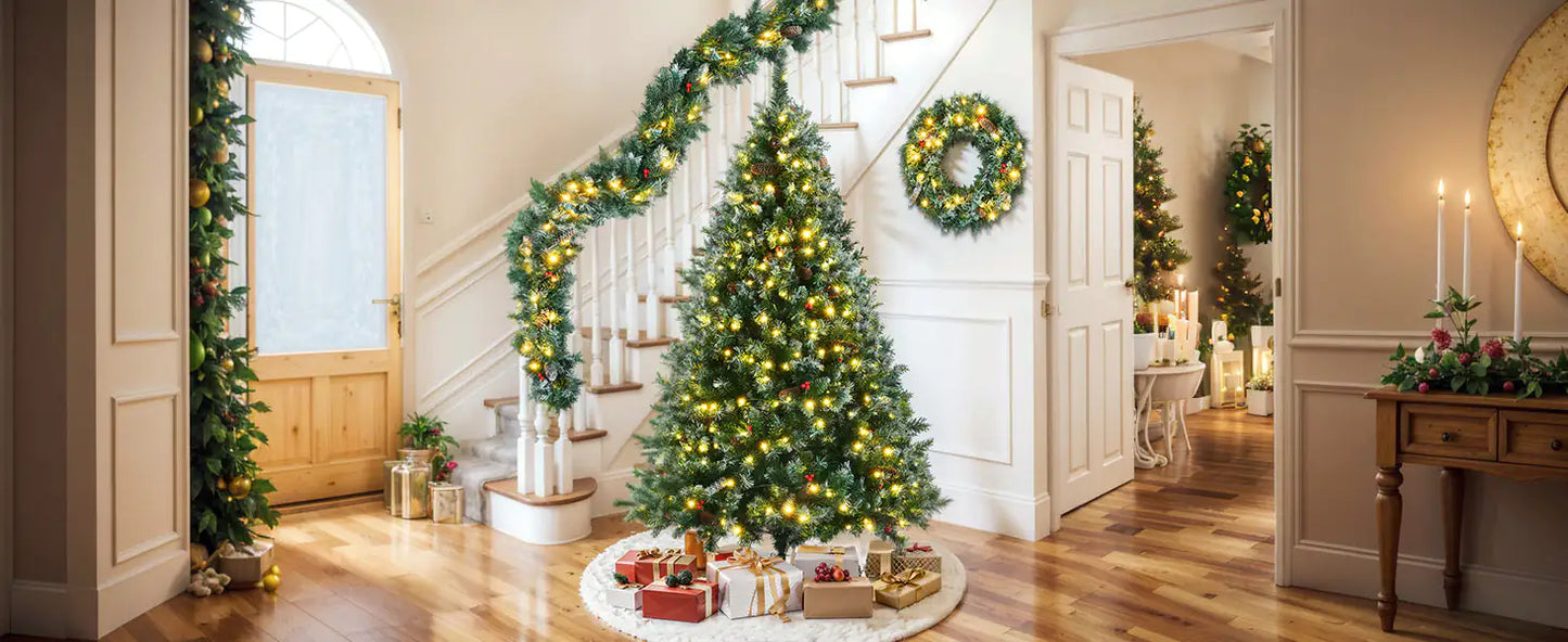 6ft Pre-Lit Dark Green Pine Christmas Tree Garland Set