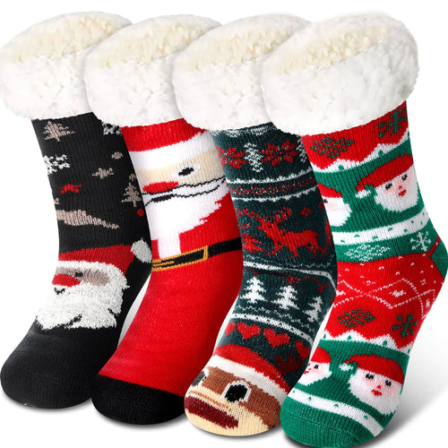 Jeyiour 4-Pack Cozy Christmas Fleece Slipper Socks kids