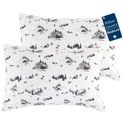 Bedsure Flannel Pillowcases Set of 2 - King (20 x 40) Print Black Pillow Cases with Envelope Closure 100% Cotton Pillowcase with Winter Forest House Christmas Pillow Cover Gifts for Room Decor