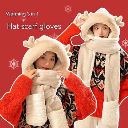 Christmas Elk Ear Hat, Scarf, and Gloves Set