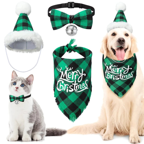 Weewooday 3 Pieces Christmas Dog Costume Set Buffalo Plaid Dog Bandana Puppy Triangle Scarf Pet Bow Tie with Bell Christmas Dog Hat for Small Medium Large Dog Cat (Black Green)