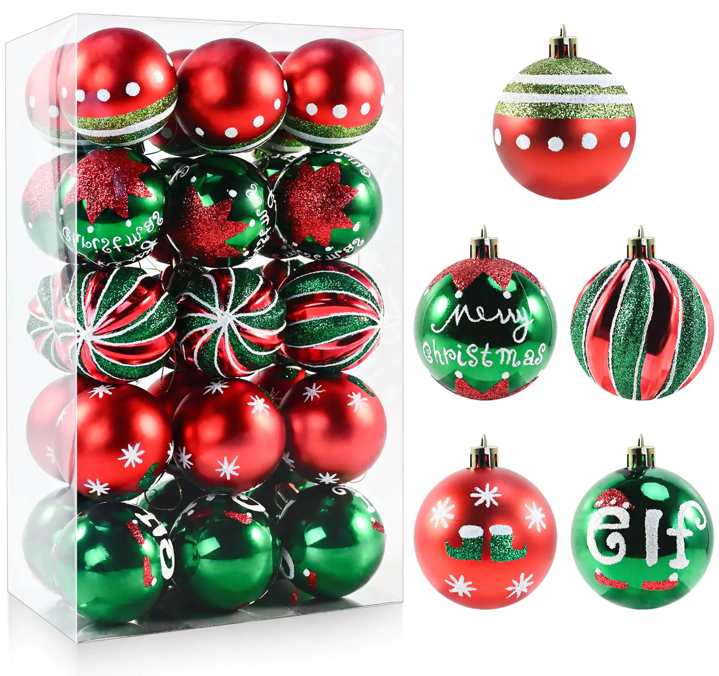 30PCS Christmas Ball Ornaments - 2.36 Inch Red Green Christmas Balls Shatterproof Christmas Tree Hanging Ball Ornaments Decorations for Xmas Trees