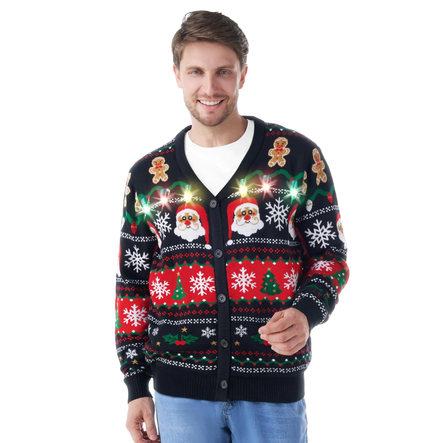 Giggling Getup Men_ Ugly Christmas Cardigan Sweaters Funny Light Up Ugly Sweater for Men Santa V-Neck Cardigan Sweater for Men Black